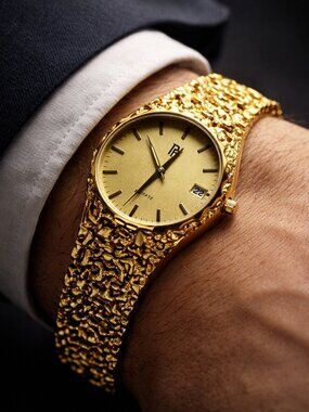 Gold Tone Vintage Watch Quartz Date Nugget Bracelet Classic Dress Watch